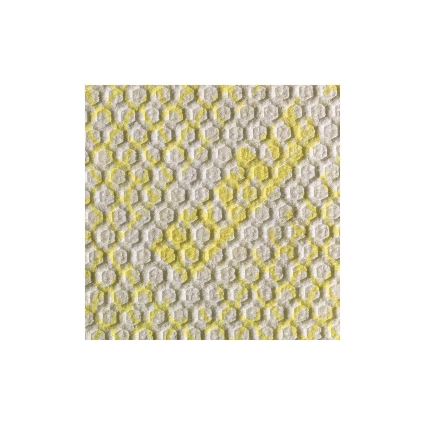 A close-up of a white and yellow surface with a repeating hexagonal pattern and a bold yellow diagonal stripe, inspired by the durable WypAll® X80 Plus Critical Clean wipes from Kimberly-Clark GmbH (Interfold / Yellow, 8 packs x 30 sheets).