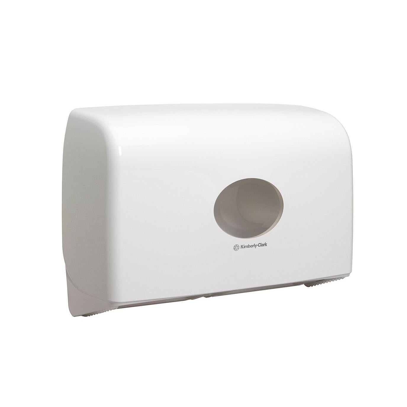 The Aquarius™ double roll dispenser for Jumbo Toilet Paper Mini by Kimberly-Clark GmbH is a white, wall-mounted dispenser with a central opening, smooth, curved design, and serrated bottom edge for easy handling.