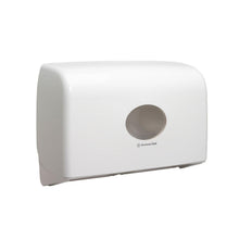 The Aquarius™ double roll dispenser for Jumbo Toilet Paper Mini by Kimberly-Clark GmbH is a white, wall-mounted dispenser with a central opening, smooth, curved design, and serrated bottom edge for easy handling.