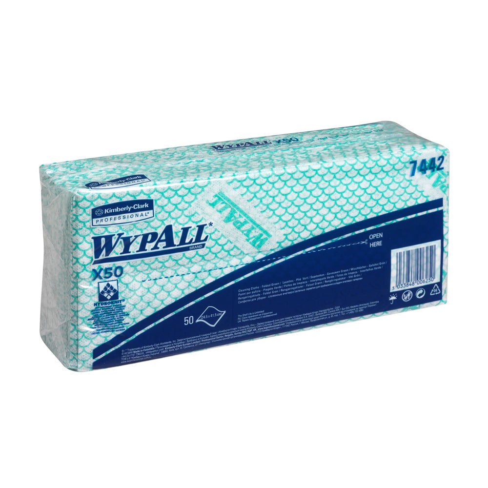 A rectangular, sealed pack of WypAll® X50 Critical Clean wipes from Kimberly-Clark GmbH in green and white packaging contains 50 folded sheets per bag; sold as 6 bags (300 wipes) with clear branding on the carton.