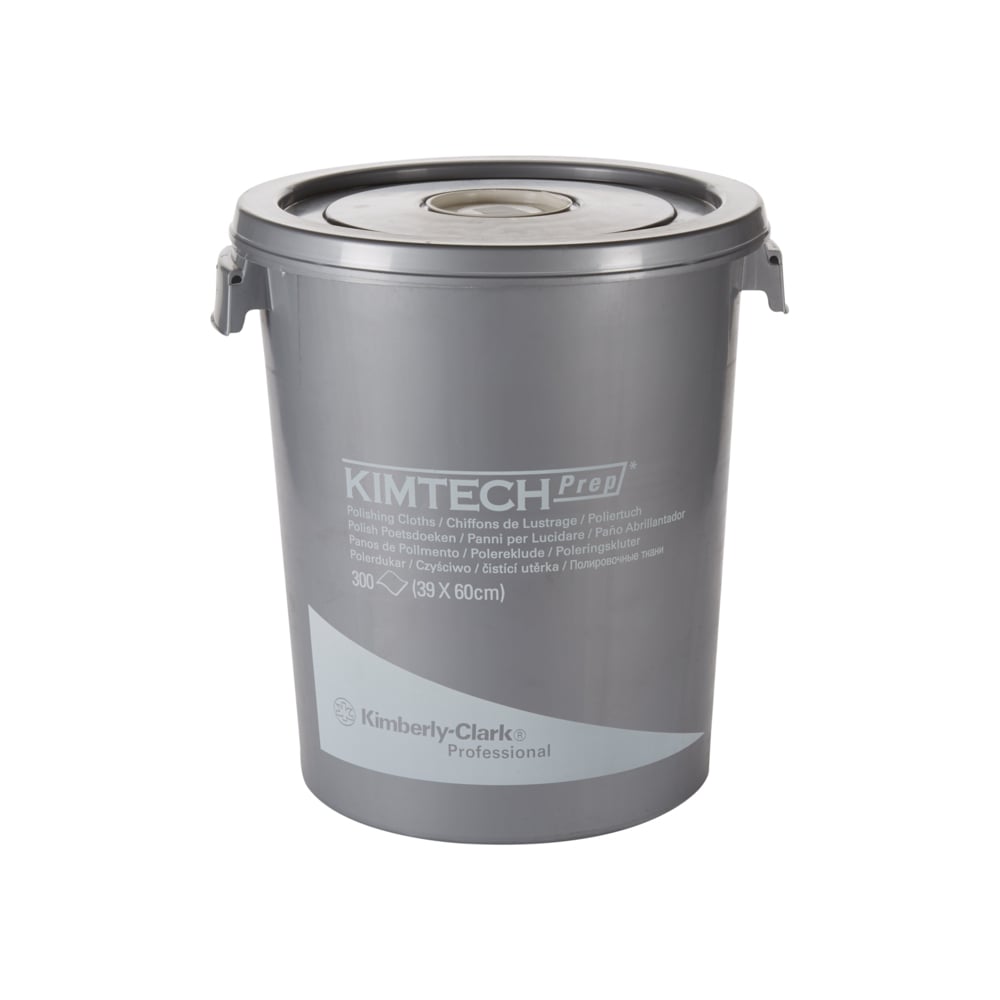 A white "Kimtech® Polishing Cloths" dispenser bucket from Kimberly-Clark GmbH holds 300 sheets for surface cleaning and is equipped with side handles and a sealed lid.
