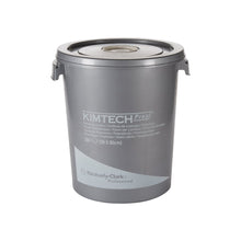 A white "Kimtech® Polishing Cloths" dispenser bucket from Kimberly-Clark GmbH holds 300 sheets for surface cleaning and is equipped with side handles and a sealed lid.