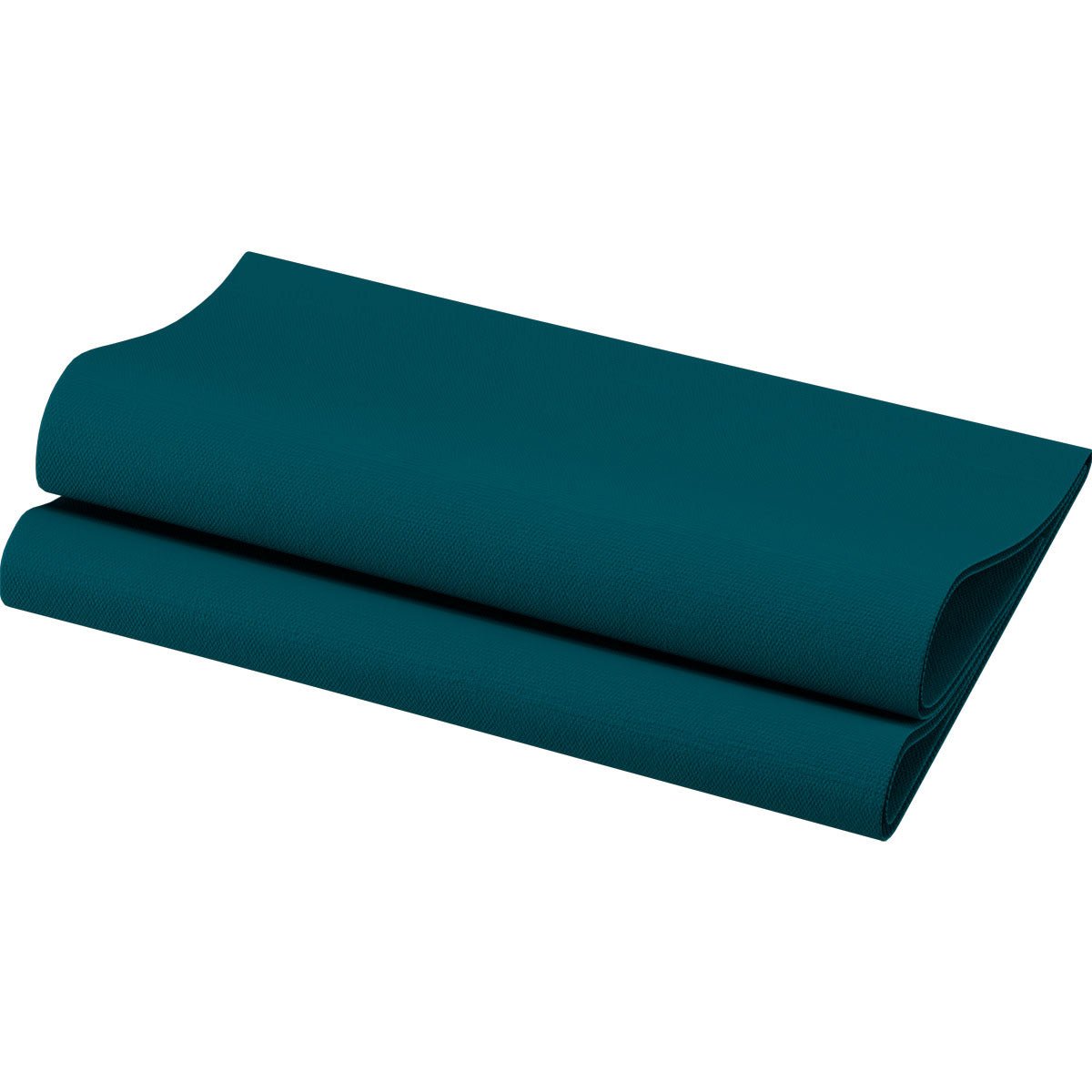 A dark teal yoga mat, neatly folded to reveal its textured surface and clean edges on a white background, reminiscent of the refined elegance of the Bio-Dunisoft napkins 40 x 40 cm 1/4 fold from Duni GmbH.