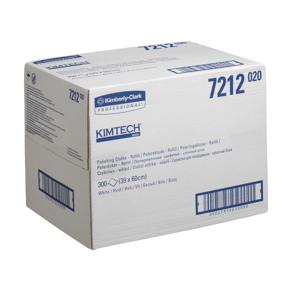 A white box with the inscription "Kimtech® polishing cloths - refill pack / white", from Kimberly-Clark GmbH, contains 1 refill pack with 300 sheets (39 x 60 cm), with multilingual text and barcode on the box.