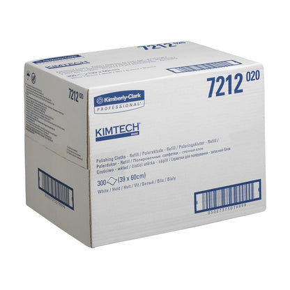 A white box with the inscription "Kimtech® polishing cloths - refill pack / white", from Kimberly-Clark GmbH, contains 1 refill pack with 300 sheets (39 x 60 cm), with multilingual text and barcode on the box.
