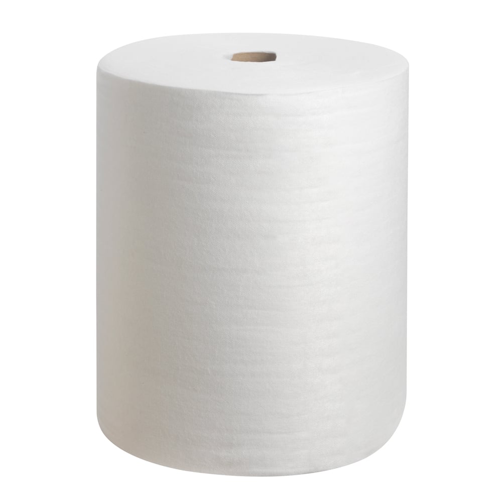 A Kimtech® polishing cloth refill pack in white from Kimberly-Clark GmbH, consisting of a refill roll with 300 sheets, is depicted upright with a visible cardboard core on a white background.
