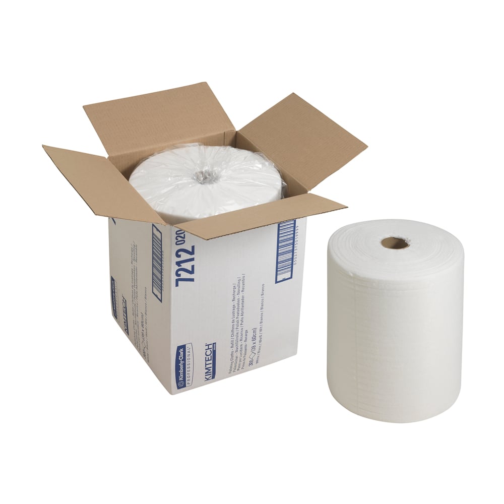 A large roll of white Kimtech® polishing cloths from Kimberly-Clark GmbH lies next to an open box with the inscription 71212, containing 1 refill pack with 300 sheets - Kimtech® polishing cloth refill pack (white) in the box.