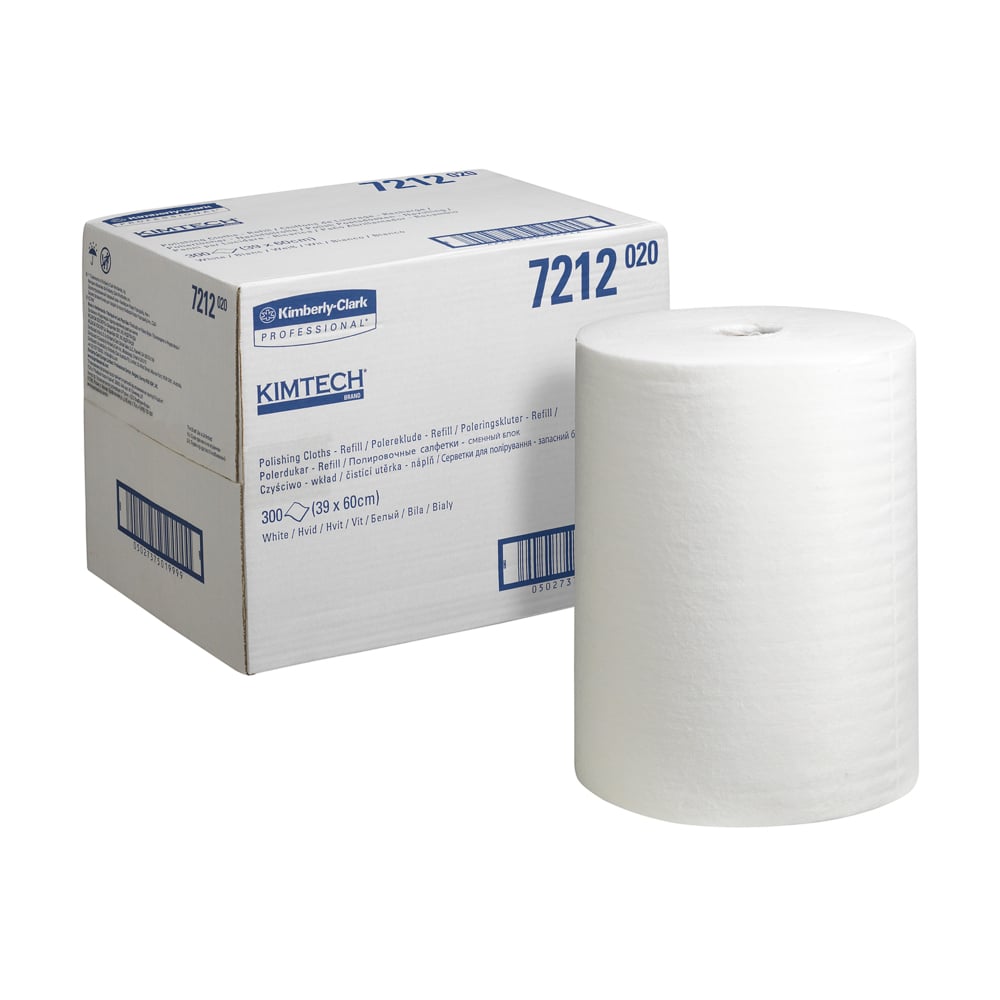 A large white roll of Kimtech® polishing cloths (refill pack, 300 sheets) lies next to the rectangular box with the product details and the Kimberly-Clark GmbH logo.