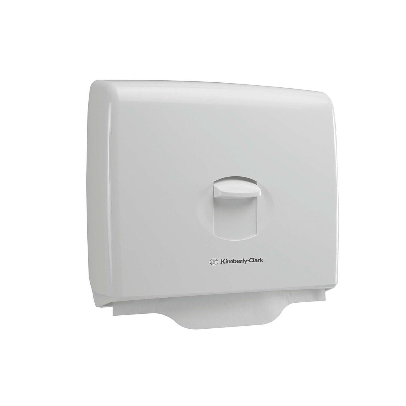 The Kimberly-Clark Aquarius™ toilet seat cover dispenser in white is a wall-mounted dispenser, perfect for maintaining hygiene in public toilets. 1 dispenser per carton.