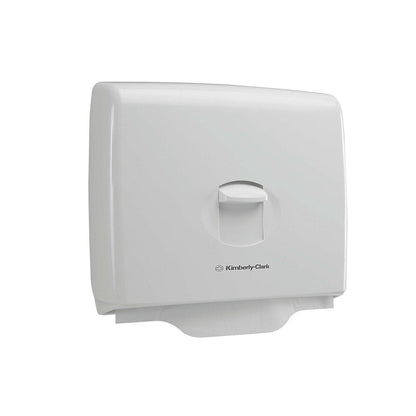 The Kimberly-Clark Aquarius™ toilet seat cover dispenser in white is a wall-mounted dispenser, perfect for maintaining hygiene in public toilets. 1 dispenser per carton.