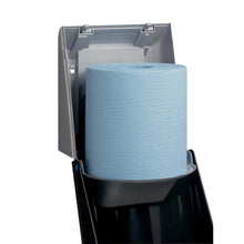 A blue paper towel roll is inserted into a gray Kimberly-Clark Professional™ wiper dispenser - central pull (1 dispenser, gray) by Kimberly-Clark GmbH, with the lid open for hygienic removal via the convenient central pull.