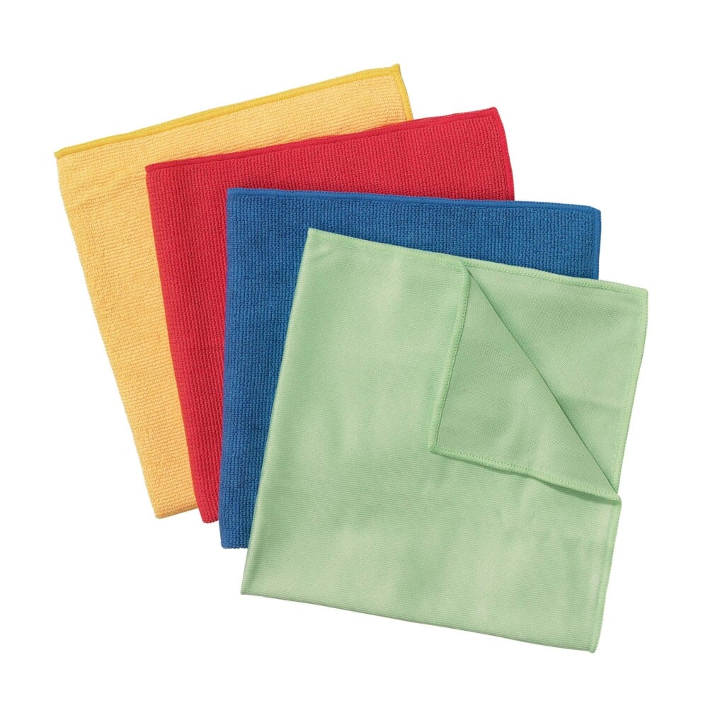 Four WypAll® microfiber cloths - flat cloth / 40 x 40 cm by Kimberly-Clark GmbH in the colors yellow, red, blue, and green are stacked; the green cloth is partially folded at one corner to show its texture.