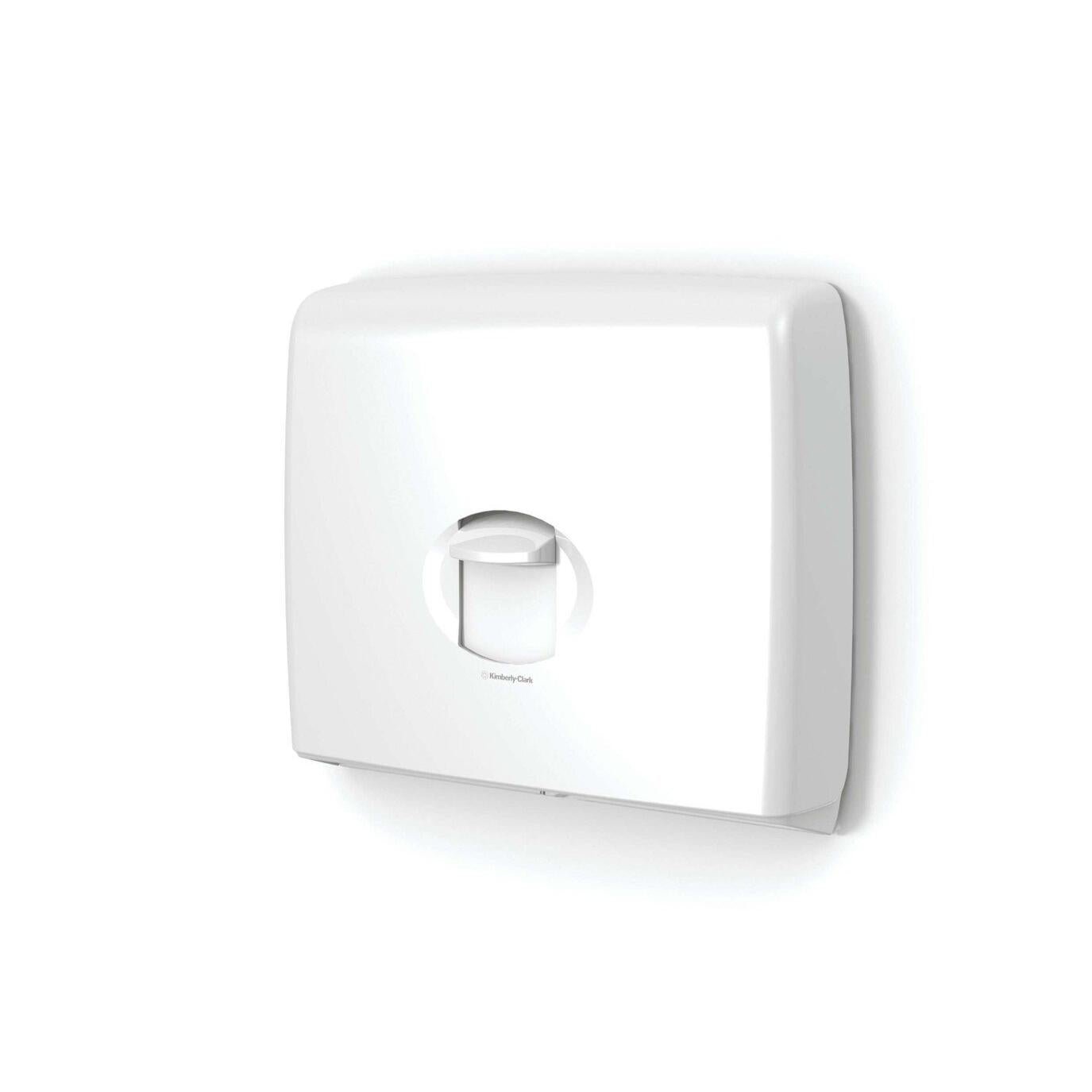 The Aquarius™ toilet seat cover dispenser from Kimberly-Clark GmbH is a white, rectangular wall dispenser with a central opening, ideal for public toilets for hygiene. 1 dispenser per carton.