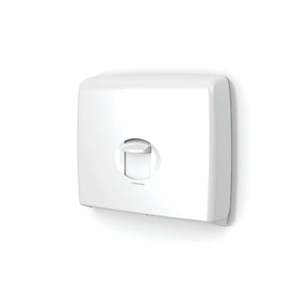 The Aquarius™ toilet seat cover dispenser from Kimberly-Clark GmbH is a white, rectangular wall dispenser with a central opening, ideal for public toilets for hygiene. 1 dispenser per carton.