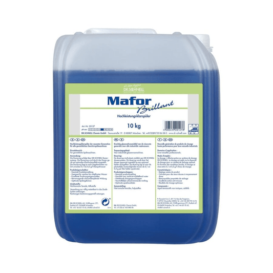 A 10 kg transparent plastic container with blue liquid, labeled "Dr. Schnell MAFOR BRILLANT Rinse Aid for Dishwashers" from DR.SCHNELL GmbH & Co. KGaA, is equipped with a white screw cap and a detailed multilingual front label.