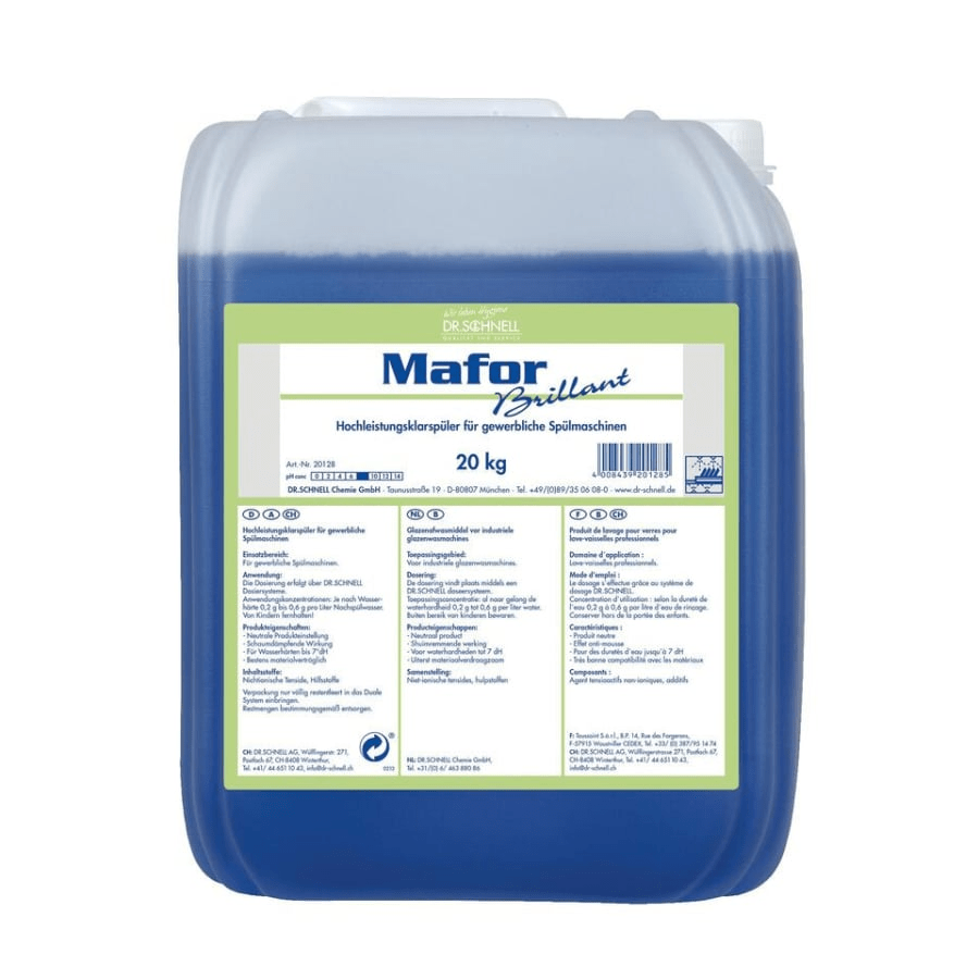 A 20 kg container made of transparent plastic, filled with blue liquid, labeled "Dr. Schnell MAFOR BRILLANT Rinse Aid for Dishwashers" from DR.SCHNELL GmbH & Co. KGaA. The label contains a German instruction - ideal for avoiding water spots.