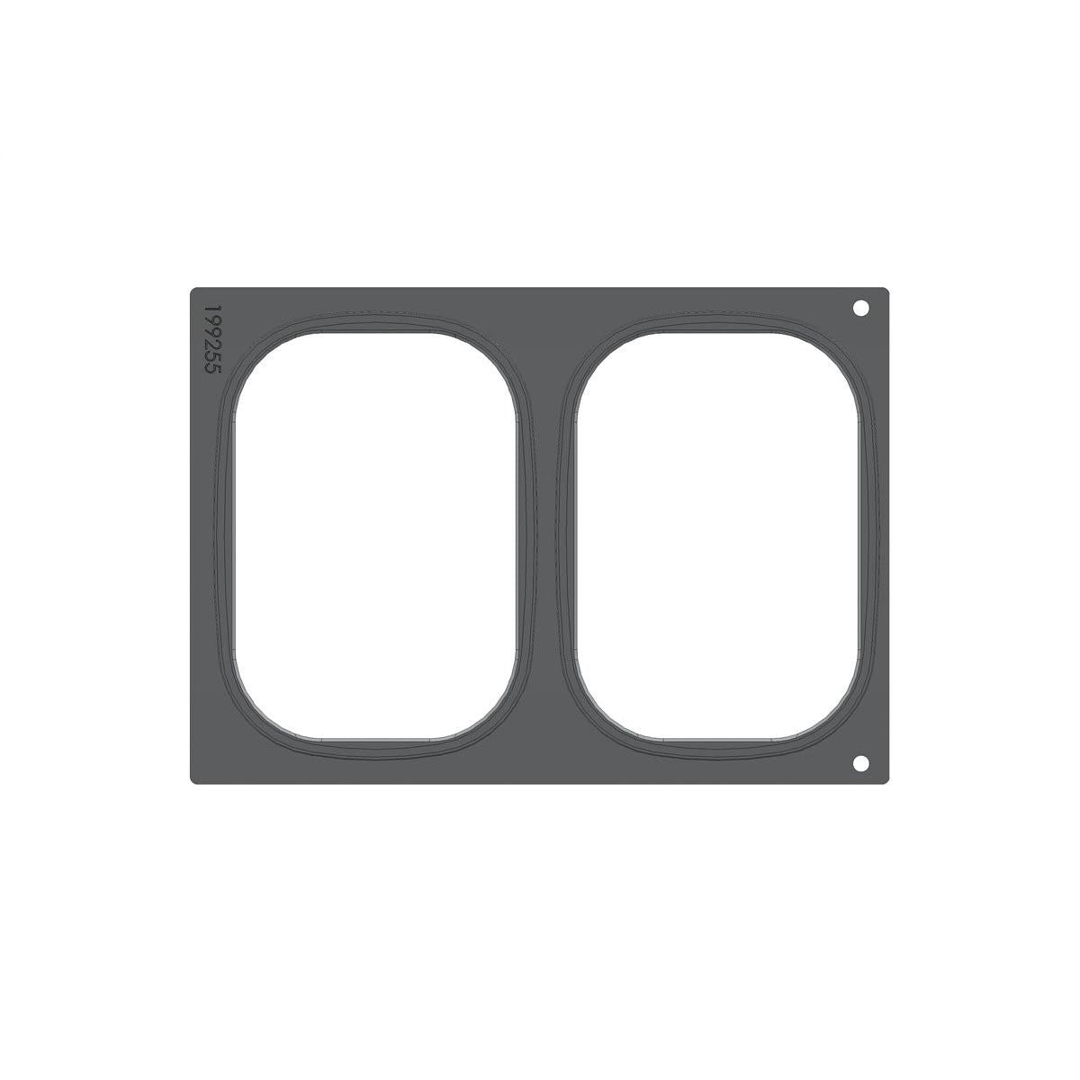 A rectangular gray frame by Duni GmbH, cassette DF 10/DF20 for Brick Medium (2-use), with two round cutouts next to each other, "19255" printed vertically on the left edge and two small circular holes on the right side.