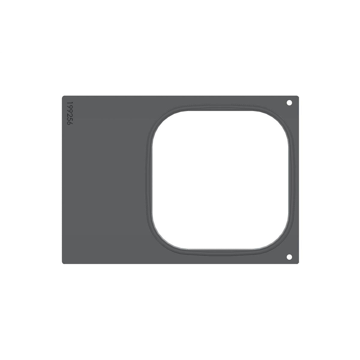 The rectangular, flat, dark gray cassette DF 10/DF20 for Brick Large (single-use) from Duni GmbH has a large, right-rounded square cutout and two small corner holes; "199256" is printed on the left edge. The package contains 1 piece.