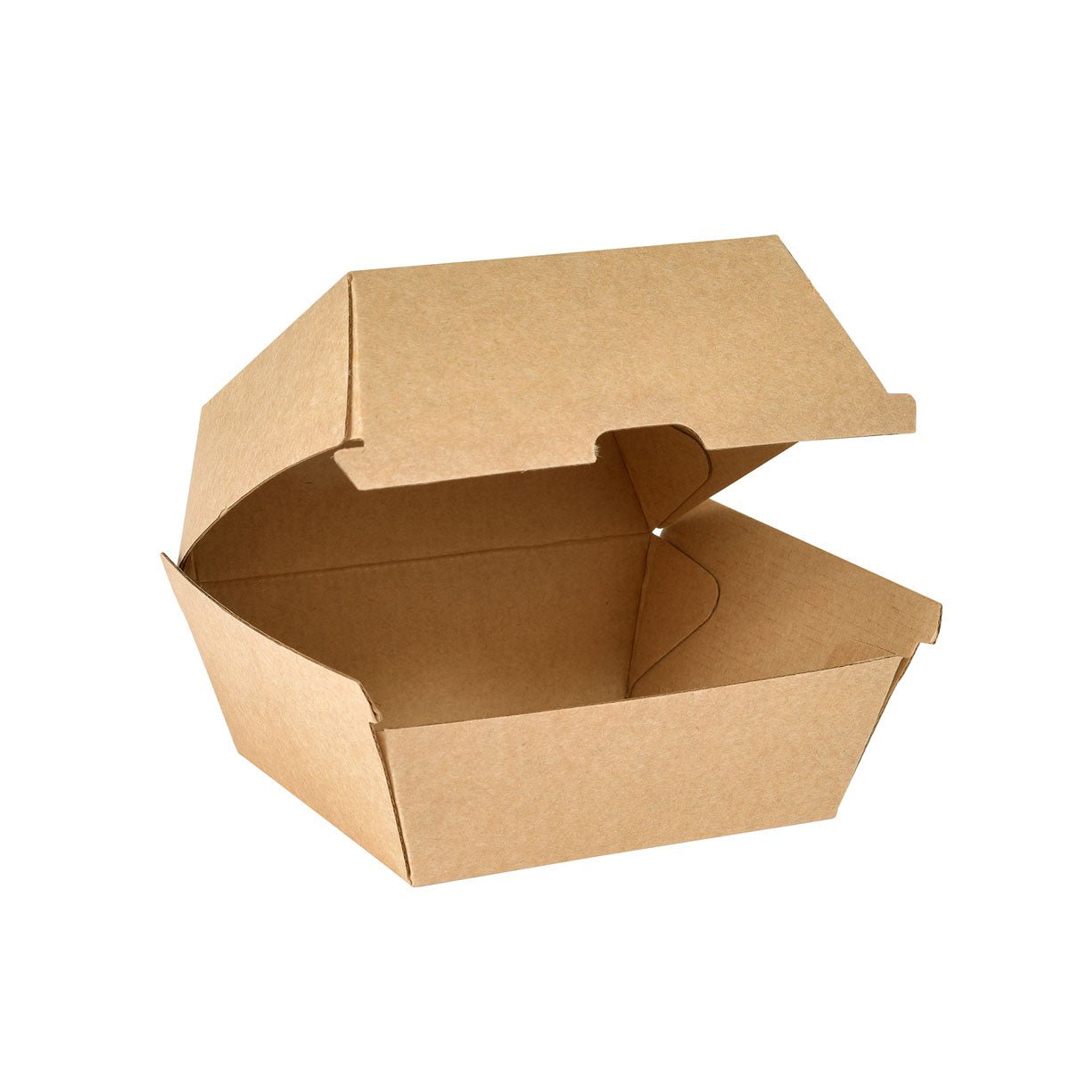 A large brown BioPak Clam Box Hamburger Takeout Container from Duni GmbH, FSC cardboard 125x125x80 mm, with an open lid, depicted against a white background. Pack of 35 pieces.
