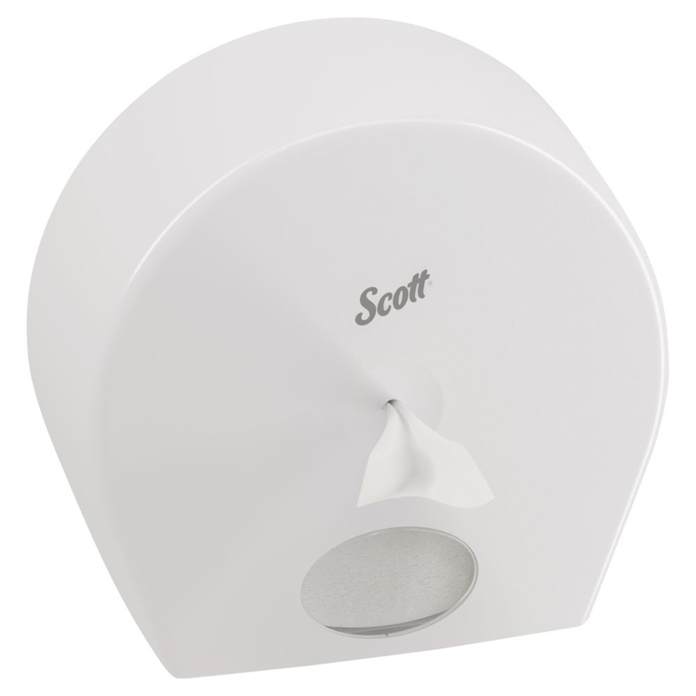 The Scott® Control™ toilet paper dispenser (white, jumbo) from Kimberly-Clark GmbH features a transparent window at the bottom that shows the roll and dispenses individual sheets hygienically from the front opening.