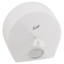 The Scott® Control™ toilet paper dispenser (white, jumbo) from Kimberly-Clark GmbH features a transparent window at the bottom that shows the roll and dispenses individual sheets hygienically from the front opening.