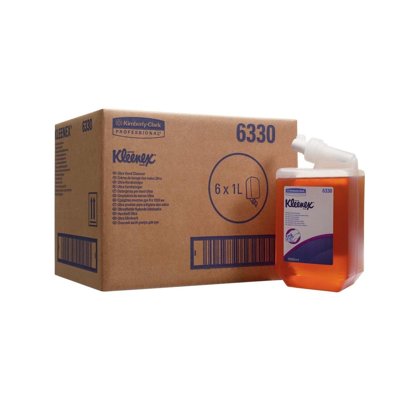 A box from Kimberly-Clark GmbH with the label "Kleenex® Ultra™ Wash Lotion Ultra - Cartridge / Caramel /1 Ltr - 6 Cartridges" stands next to a 1-liter cartridge with a white spout and a blue label. The box contains six 1-liter cartridges.