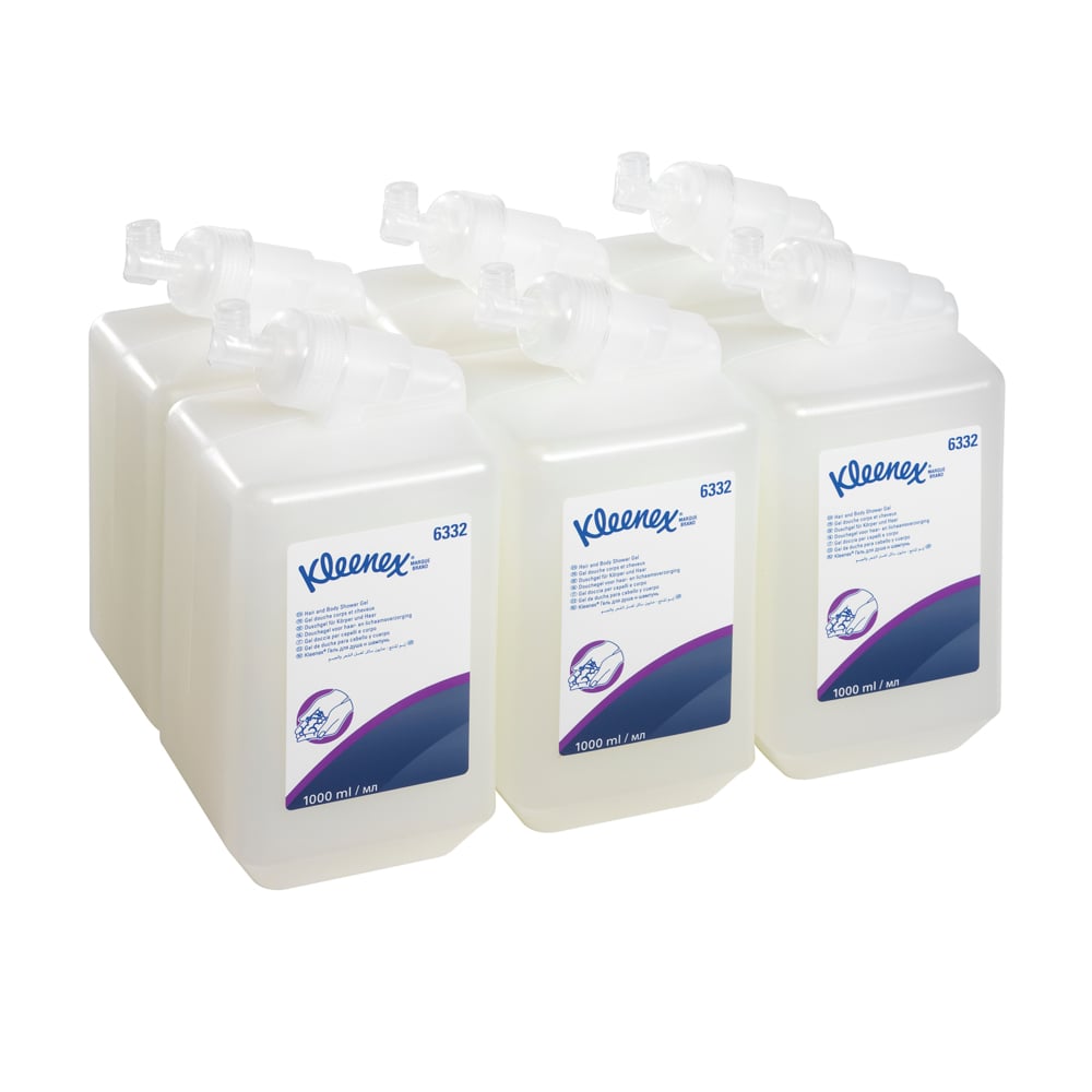 Six 1L cartridges of Kleenex® Hair and Body Shampoo from Kimberly-Clark GmbH are arranged in two rows of three on a white background - ideal for gentle cleaning and care in any environment.