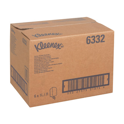 A white box labeled "Kleenex® Hair and Body Shampoo" (Product 6332) from Kimberly-Clark GmbH contains 6 x 1L cartridges for gentle care and effective cleaning, with multiple barcodes and printed product details.