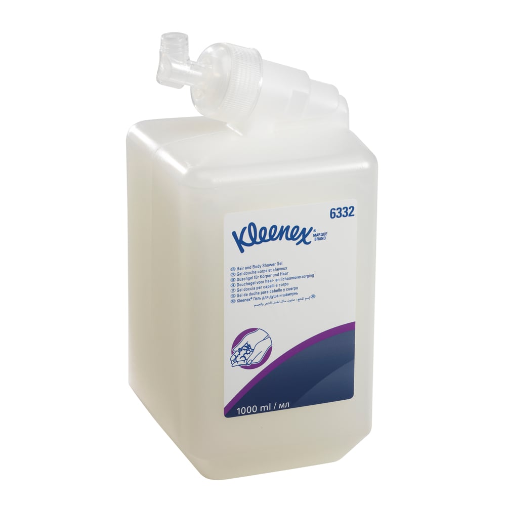 A clear 1L Kleenex® Hair and Body Shampoo cassette from Kimberly-Clark GmbH, with a white label and dispenser, contains information about mild care and effective cleaning in blue and purple text. Sold as 6 cassettes per carton.