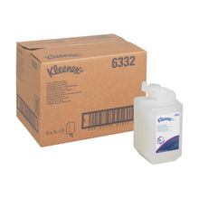 A large white Kleenex® Hair and Body Shampoo 1L cassette box (6 cartridges) from Kimberly-Clark GmbH stands next to a transparent dispenser, both with trademarks and perfect for effective cleaning and gentle care.