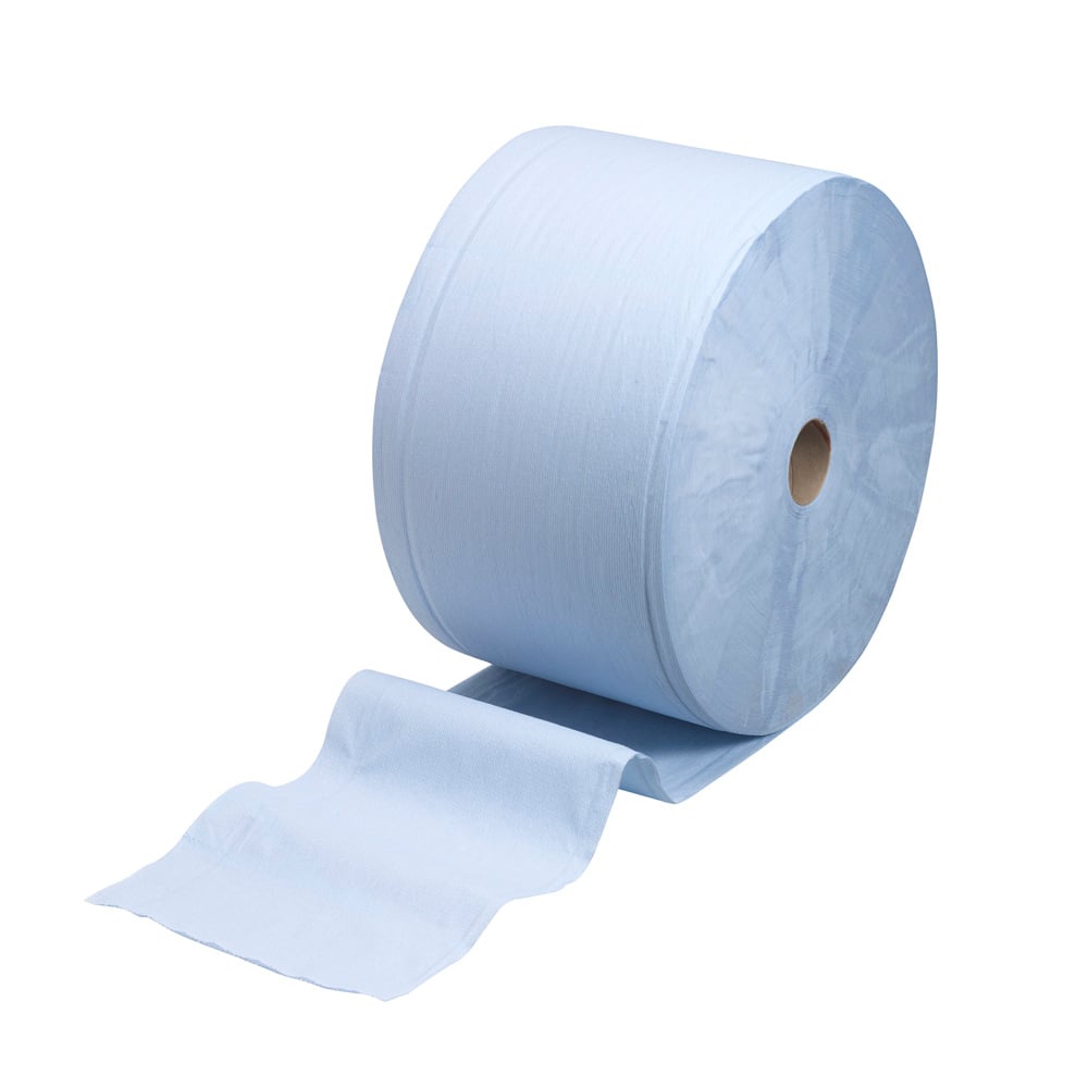 The pictured WypAll® L30 large roll in blue from Kimberly-Clark GmbH with 750 sheets is ideal for industrial cleaning tasks and impresses with high absorbency - presented against a white background.