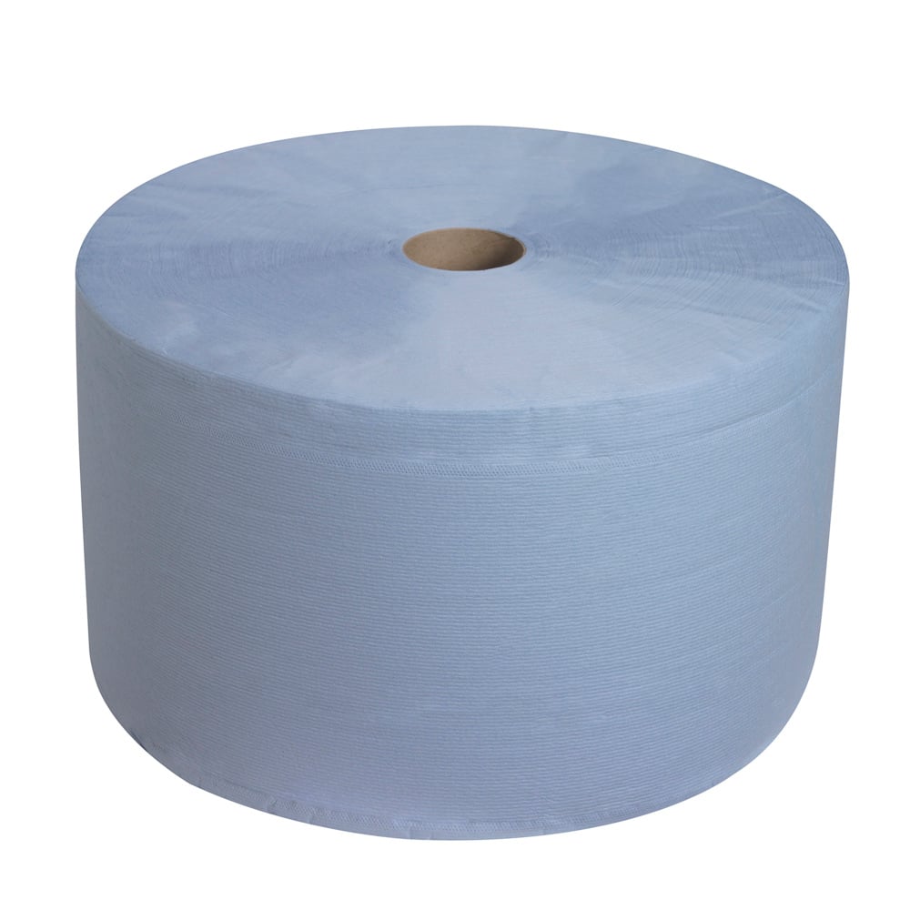 The WypAll® L30 large roll from Kimberly-Clark GmbH in blue with 750 sheets is ideal for industrial cleaning tasks, as it is particularly absorbent. Presented on a white background.