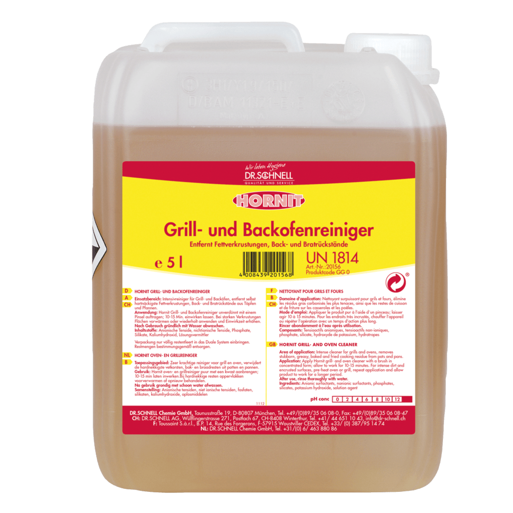 The 5L Dr. Schnell HORNIT grill and oven cleaner from DR.SCHNELL GmbH & Co. KGaA comes in a transparent canister with a white lid and yellow-red label - ideal for powerful kitchen hygiene.