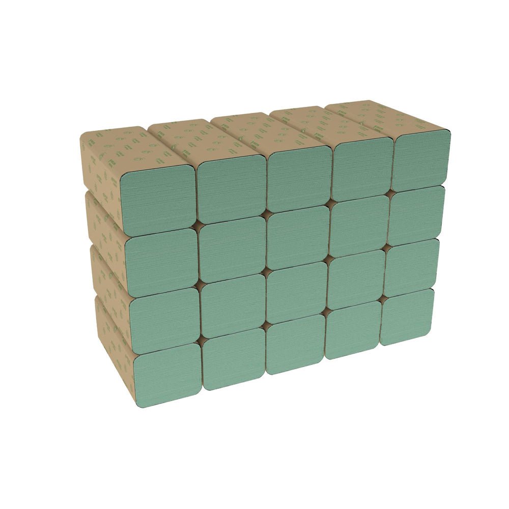A stack of sixteen rectangular blocks arranged in a 4x4 pattern resembles the Hostess™ NATURA™ hand towels - zig-zag fold, small (23.00 x 25.00 cm) from Kimberly-Clark GmbH, with green faces and brown patterned sides on a solid white background.