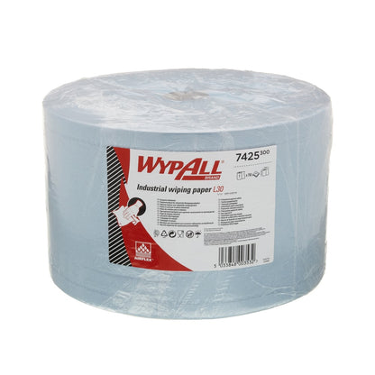 The Kimberly-Clark GmbH WypAll® L30 paper wiper large roll in blue (1 roll x 750 sheets) is ideal for industrial cleaning tasks thanks to high absorbency and is delivered in transparent foil with a label.