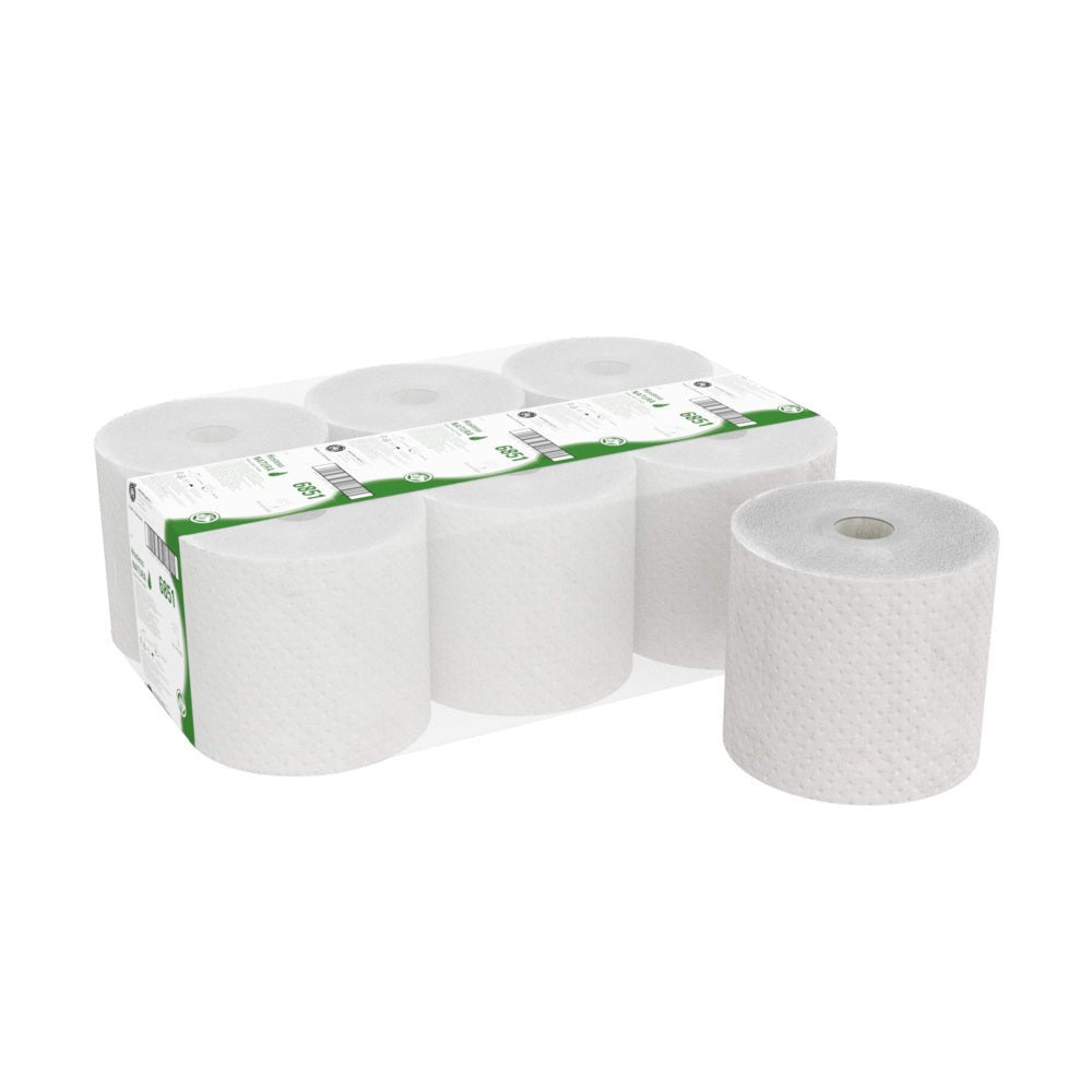 Pictured is a pack of six Hostess™ NATURA roll towels from Kimberly-Clark GmbH - five natural rolls wrapped in plastic with green and white lettering and one unwrapped roll standing upright next to the pack.