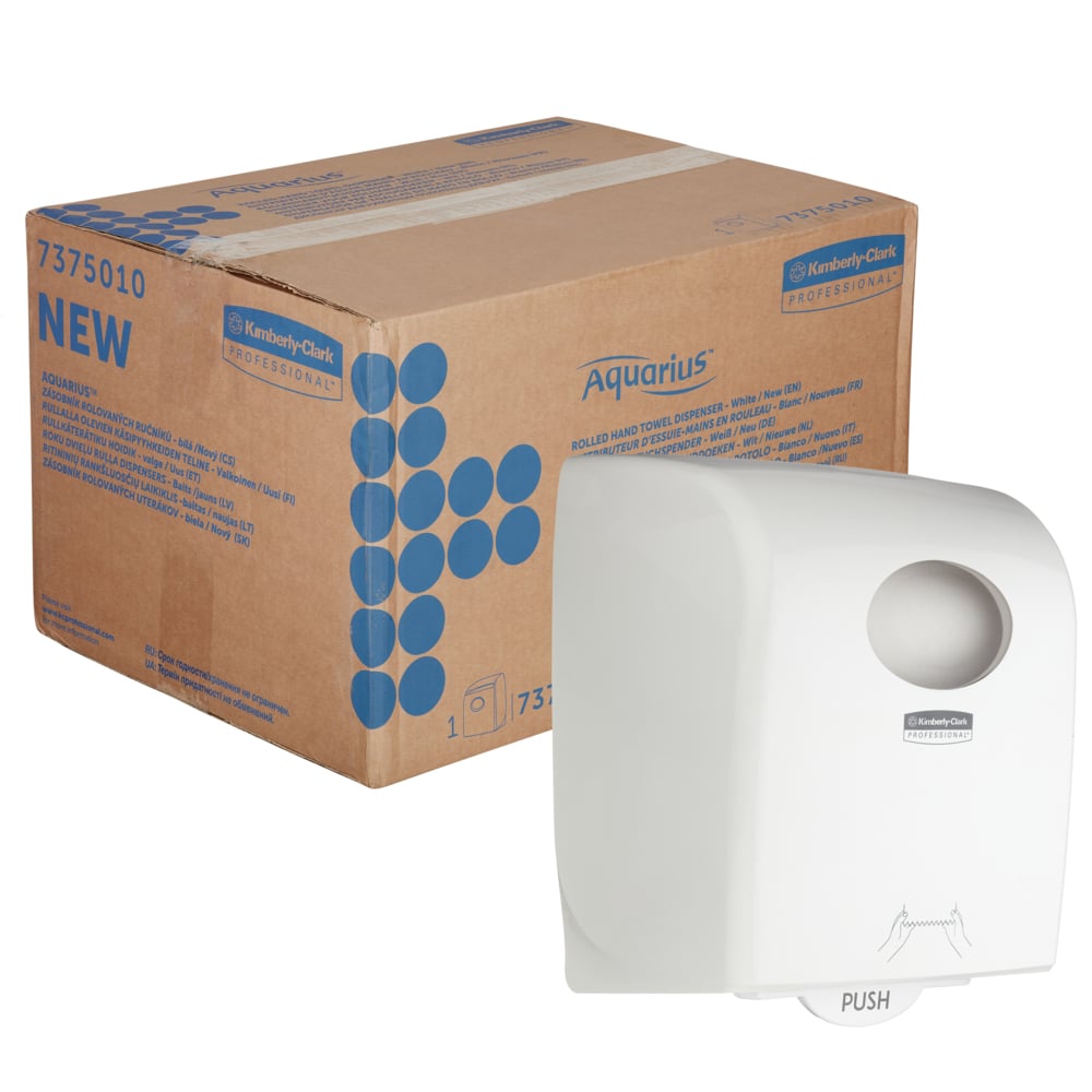 A white Aquarius™ roll towel dispenser by Kimberly-Clark GmbH stands with push lever for wall mounting - perfect for public areas.