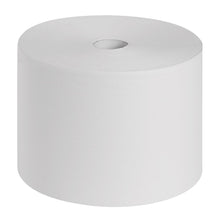 The Scott® ESSENTIAL™ medical rolls from Kimberly-Clark GmbH, 6 rolls x 200 sheets, in white, stand upright, with a visible cardboard core in the middle - perfect for hygiene in the medical field against a plain white background.