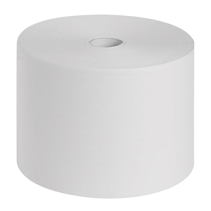 The Scott® ESSENTIAL™ medical rolls from Kimberly-Clark GmbH, 6 rolls x 200 sheets, in white, stand upright, with a visible cardboard core in the middle - perfect for hygiene in the medical field against a plain white background.
