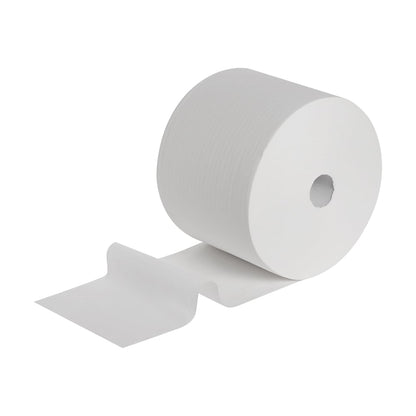 A Scott® ESSENTIAL™ medical roll from Kimberly-Clark GmbH is shown in white, partially unrolled and lying flat. Each package contains 6 rolls with 200 sheets per roll, ideal for hygienic use in medical facilities.