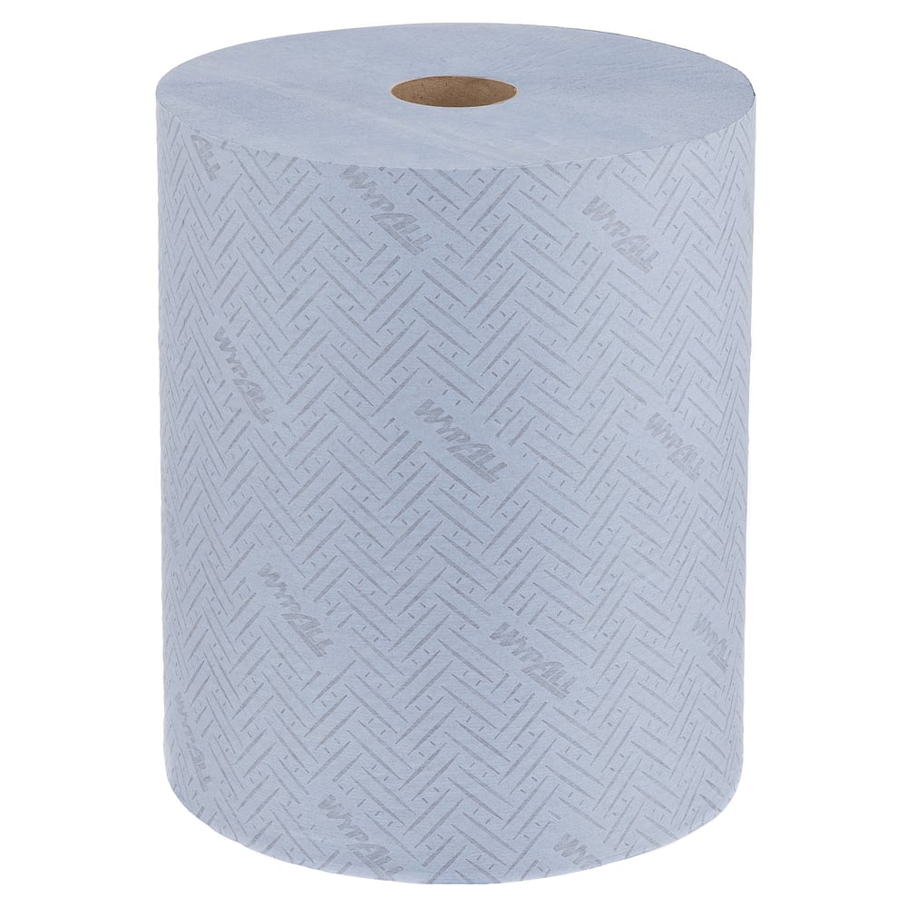 The WypAll® L20 paper wipe for surfaces large roll from Kimberly-Clark GmbH is extra-wide, blue, absorbent, and has a hollow core for easy dispensing. 1 roll (1000 sheets) with a subtle pattern and "WYPALL" print.
