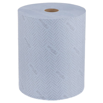 The WypAll® L20 paper wipe for surfaces large roll from Kimberly-Clark GmbH is extra-wide, blue, absorbent, and has a hollow core for easy dispensing. 1 roll (1000 sheets) with a subtle pattern and "WYPALL" print.
