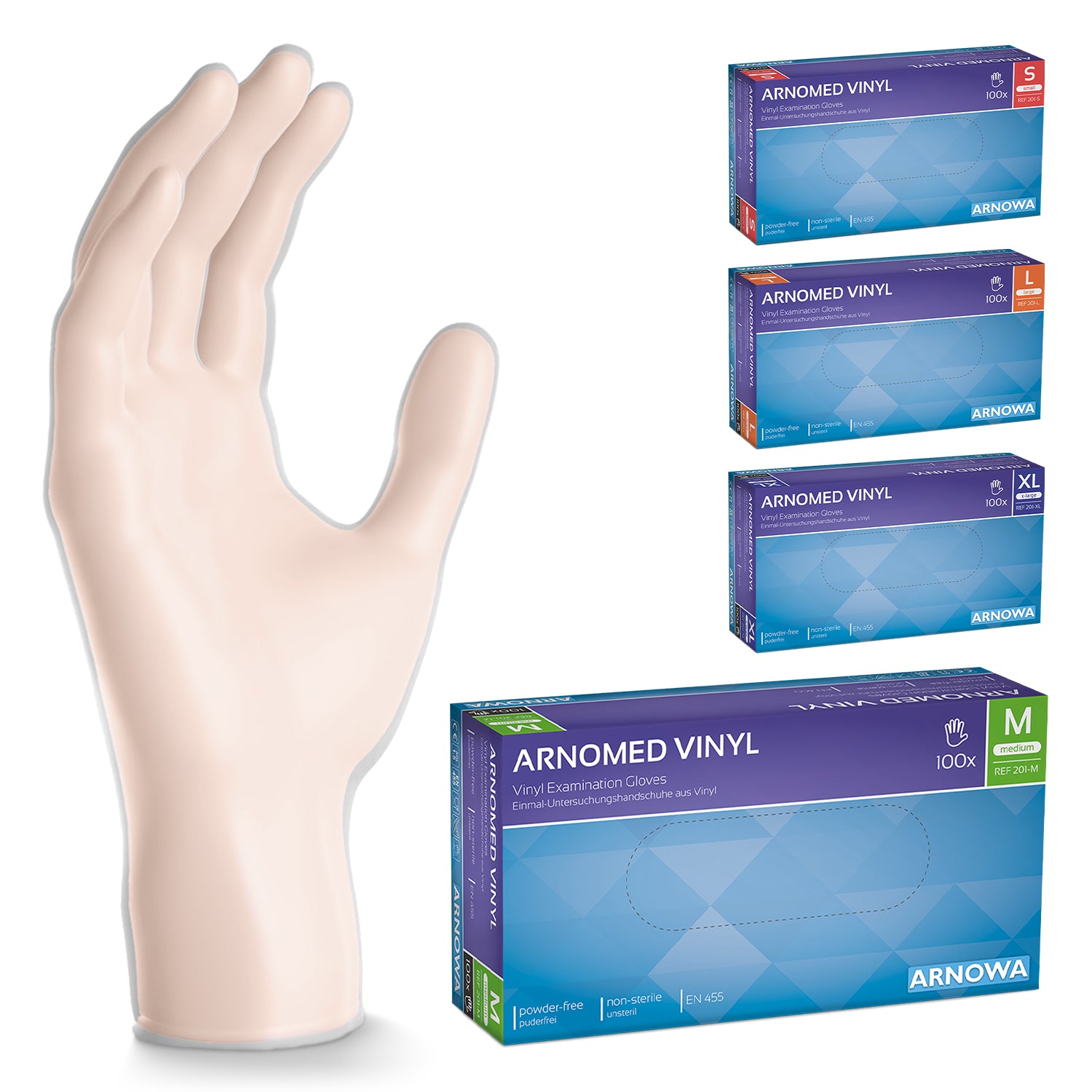 A hand puppet stands upright next to four boxes of ARNOMED VINYL PF tactile-sensitive disposable gloves made of vinyl from ARNOWA GmbH in sizes S, M, L, XL. The middle box is in the front. The latex-free gloves are ideal for precise work.