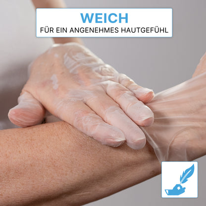 A person wearing ARNOMED VINYL PF tactile-sensitive disposable gloves made of vinyl from ARNOWA GmbH touches their forearm. The text reads "SOFT for a pleasant skin feeling" (SOFT). A latex-free glove symbol appears.