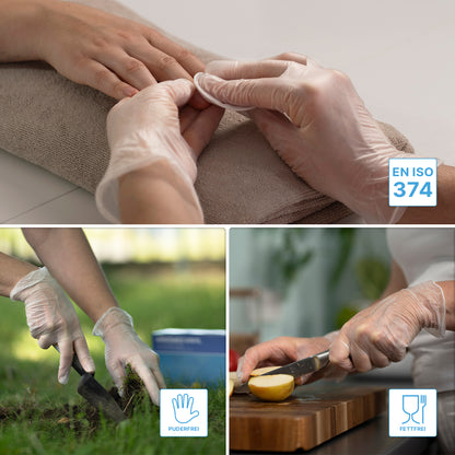 A collage shows gloved hands during a manicure, gardening, and cutting a potato. Icons indicate that ARNOMED VINYL PF tactile-sensitive disposable gloves from ARNOWA GmbH are certified according to EN ISO 374, powder-free, and grease-resistant.