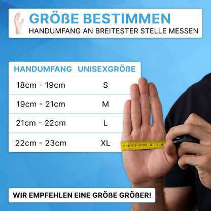 A person measures hand circumference with a yellow tape through a unisex glove size chart on blue, with ARNOMED VINYL PF tactile-sensitive disposable gloves made of vinyl from ARNOWA GmbH for a comfortable, precise fit.