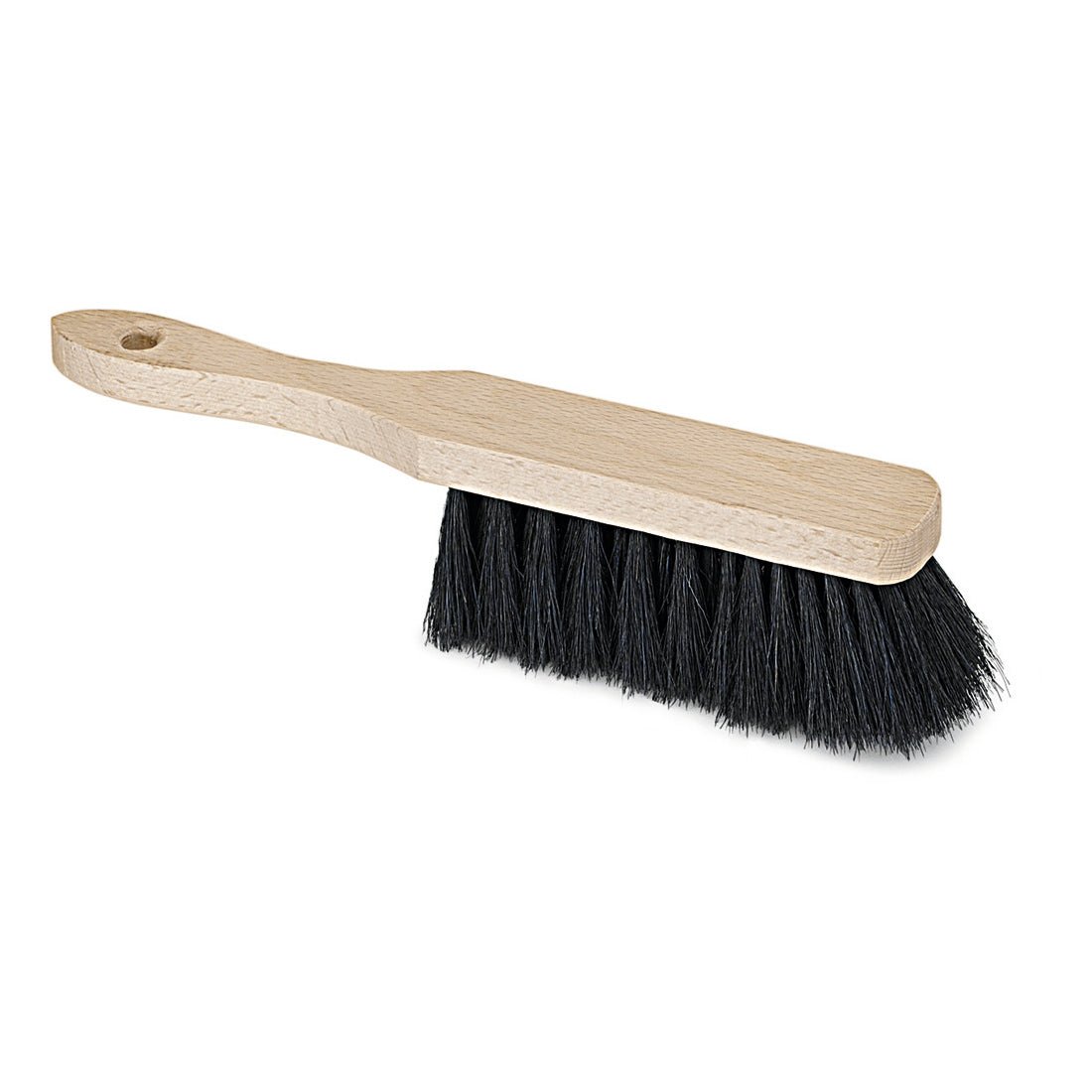 The Nölle Profi Brush industrial hand brush (28 cm) from Nölle Profi Brush Bürsten- & Pinseltechnik e.K. has black natural hair bristles and a wooden handle with a hanging hole, depicted on a white background.