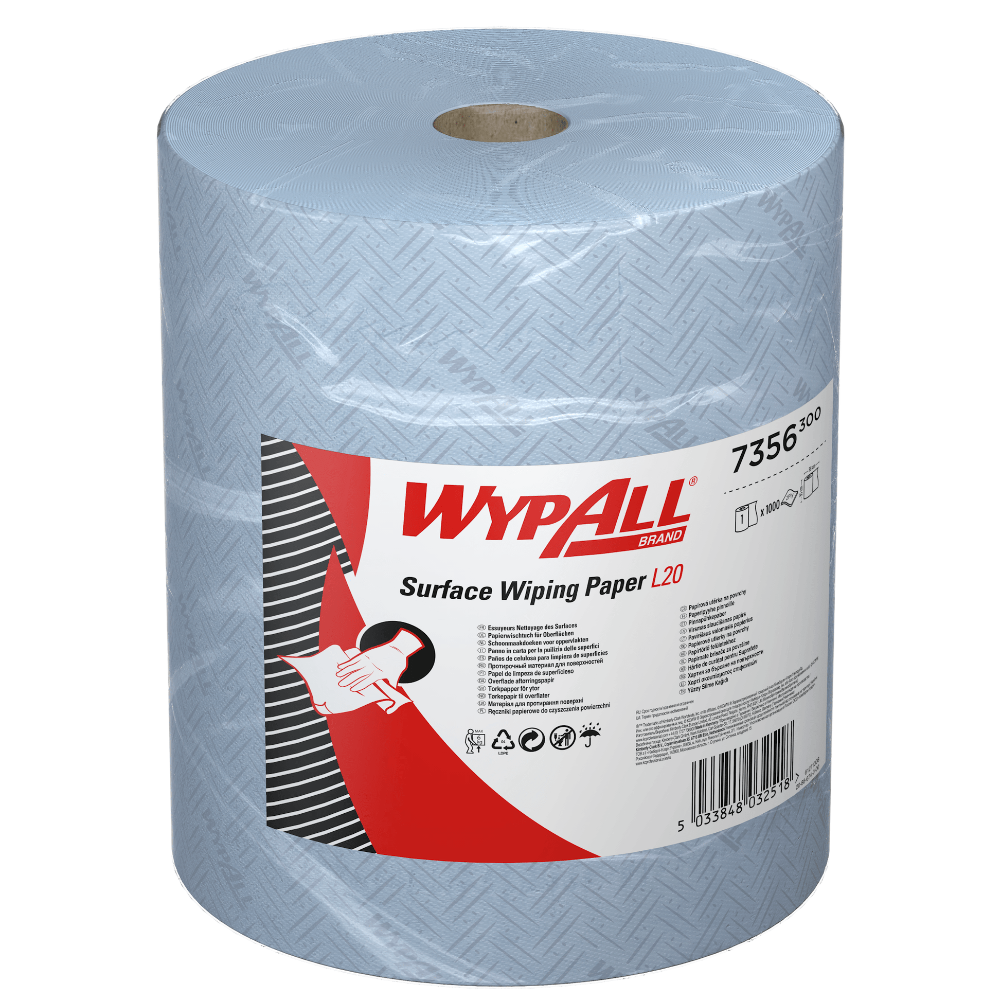 The extra-wide blue WypAll® L20 paper wipe for surfaces large roll (1 roll x 1000 sheets) from Kimberly-Clark GmbH stands upright, with the label showing product details and the visible cardboard core clearly visible.
