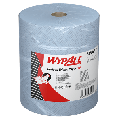 The extra-wide blue WypAll® L20 paper wipe for surfaces large roll (1 roll x 1000 sheets) from Kimberly-Clark GmbH stands upright, with the label showing product details and the visible cardboard core clearly visible.