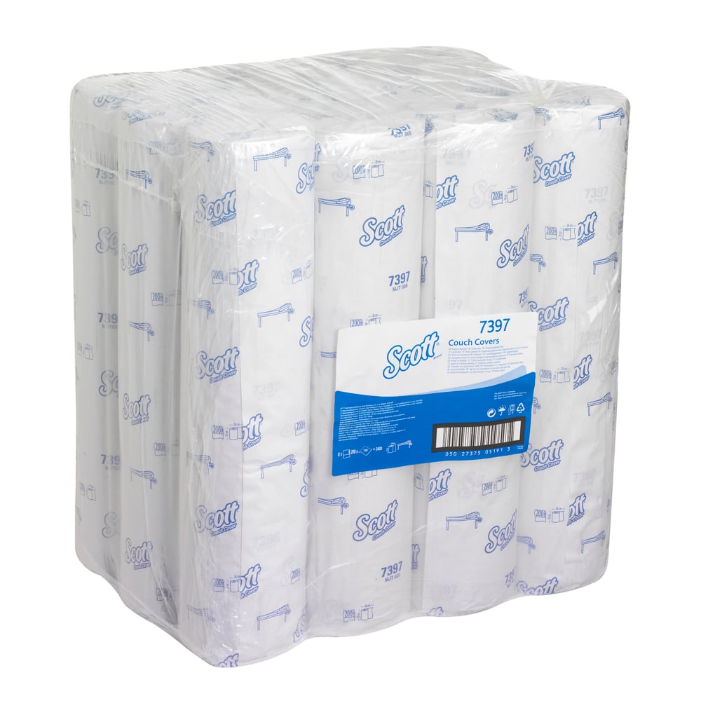 A sealed plastic package contains several Kimberly-Clark GmbH Scott® doctor's rolls - roll, 38.00 cm x 51.00 cm, each individually wrapped for hygienic patient care and use on medical examination couches.